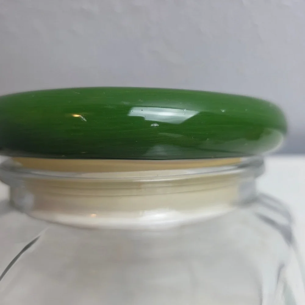 Vintage Glass Slant Cookie Jar‎ Hand Painted Apple Checkered Lid Airtight Seal